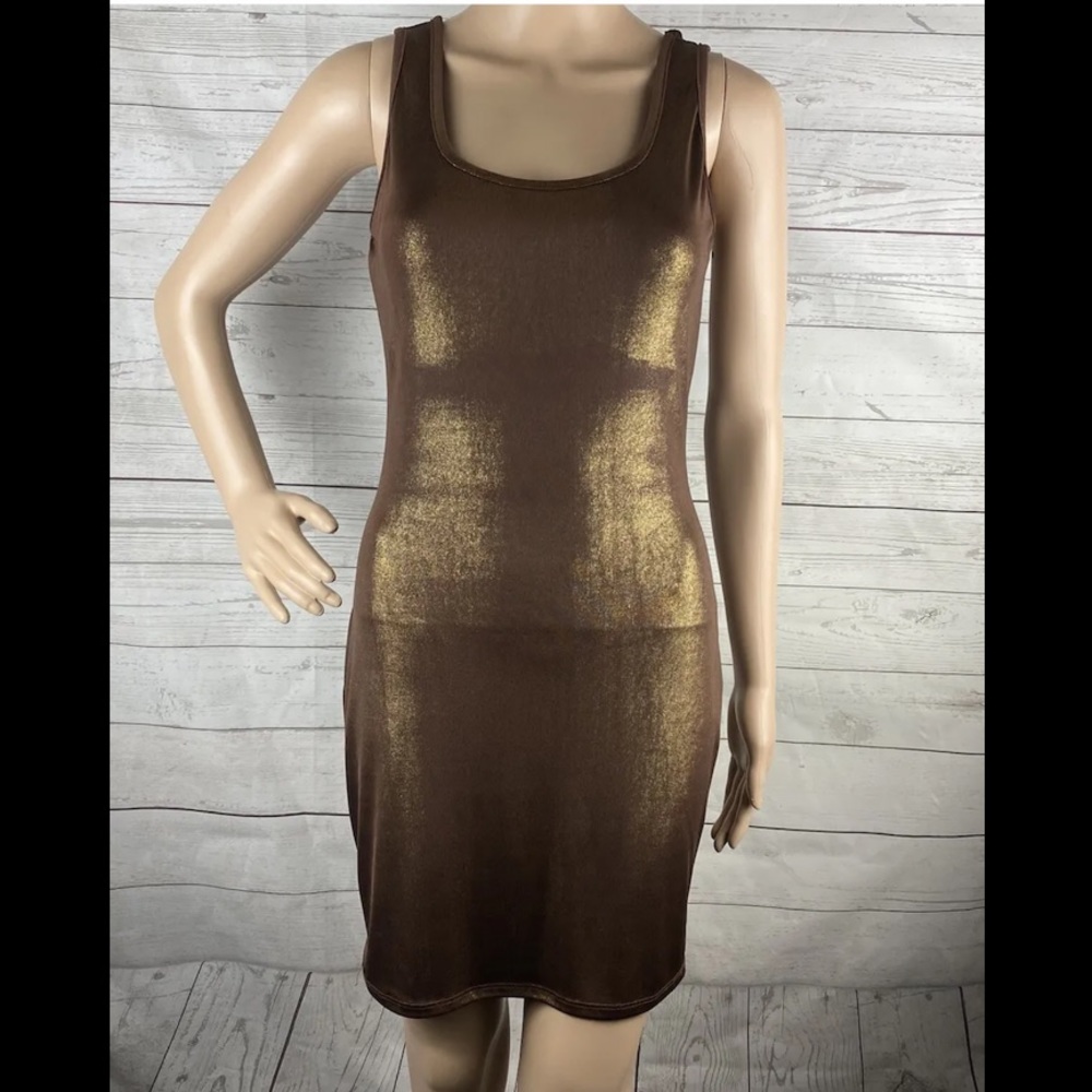 L8ter Bronze Metallic Shimmer Bodycon Dress